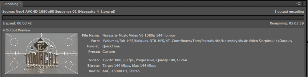 Sheeshka. It takes a while to encode full quality H.264 at 60p using 100% and 144 mbit limit. 
