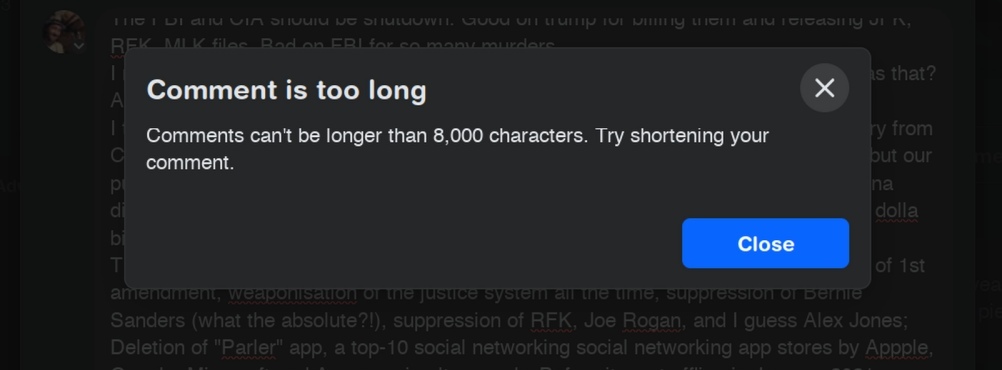 Facebook comments can't be longer than 8,000 characters